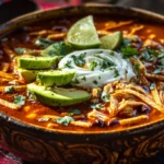 A rustic, steaming ceramic bowl of Southwestern Chicken Taco Soup, loaded with shredded chicken, black beans, corn, and topped with avocado, sour cream, and tortilla strips, showcasing a hearty Chicken Taco Soup Recipe.