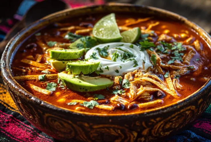 A rustic, steaming ceramic bowl of Southwestern Chicken Taco Soup, loaded with shredded chicken, black beans, corn, and topped with avocado, sour cream, and tortilla strips, showcasing a hearty Chicken Taco Soup Recipe.