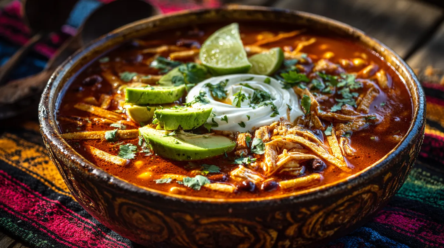 A rustic, steaming ceramic bowl of Southwestern Chicken Taco Soup, loaded with shredded chicken, black beans, corn, and topped with avocado, sour cream, and tortilla strips, showcasing a hearty Chicken Taco Soup Recipe.