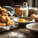 A rustic metal baking rack stacked high with golden-brown, extra crispy fried chicken wings, positioned over a foil-lined tray with all the scattered ingredients for the recipe under warm natural window light.