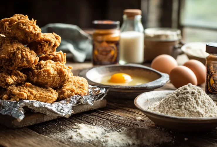 A rustic metal baking rack stacked high with golden-brown, extra crispy fried chicken wings, positioned over a foil-lined tray with all the scattered ingredients for the recipe under warm natural window light.