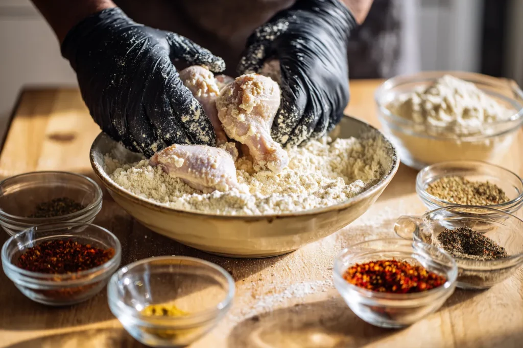 A top-down kitchen shot showing hands in black gloves dipping raw chicken legs into seasoned buttermilk, then moving them to a bowl of seasoned flour, surrounded by small spice bowls on a wood counter.