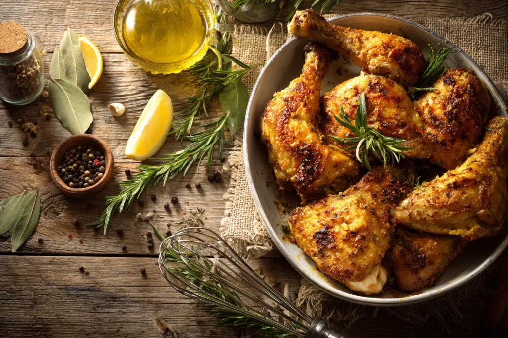 A top-down photograph of multiple large, golden-brown crispy baked chicken leg quarters piled into a shallow white ceramic roasting dish surrounded by whole rosemary sprigs and spices on a weathered oak counter.