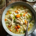 A steaming, rustic ceramic bowl overflowing with rich, velvety Creamy Chicken and Rice Soup, featuring abundant shredded chicken, wild rice, diced carrots, and celery, served on a weathered dark wood table with warm natural light.