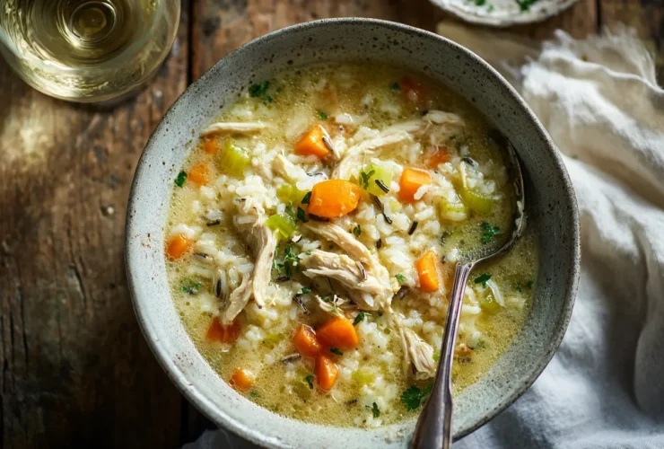 A steaming, rustic ceramic bowl overflowing with rich, velvety Creamy Chicken and Rice Soup, featuring abundant shredded chicken, wild rice, diced carrots, and celery, served on a weathered dark wood table with warm natural light.