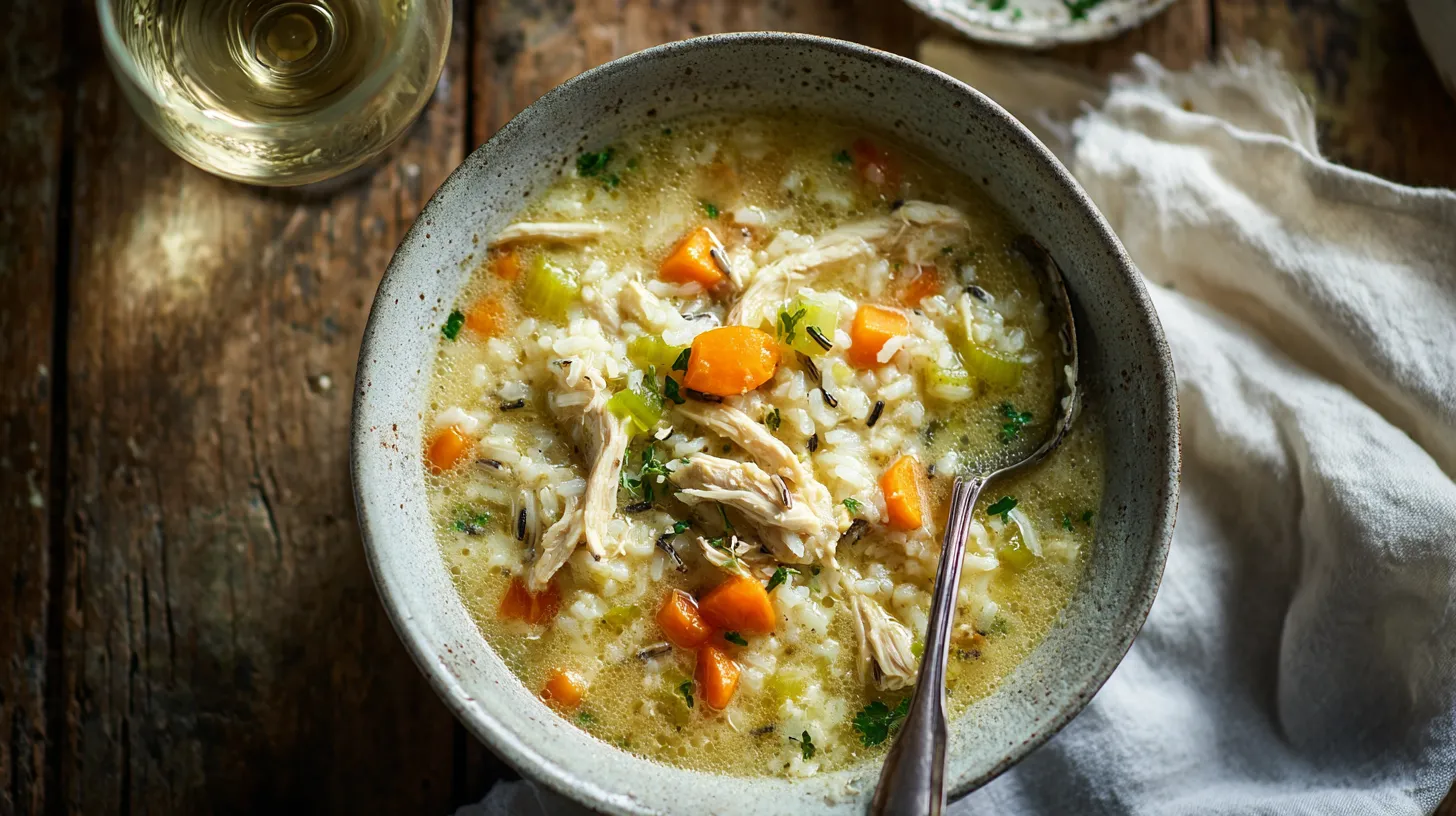 A steaming, rustic ceramic bowl overflowing with rich, velvety Creamy Chicken and Rice Soup, featuring abundant shredded chicken, wild rice, diced carrots, and celery, served on a weathered dark wood table with warm natural light.