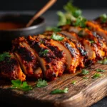 A rustic wooden board featuring freshly sliced, smoky grilled chicken garnished with cilantro and lime wedges, showcasing a vibrant Chipotle chicken recipe.