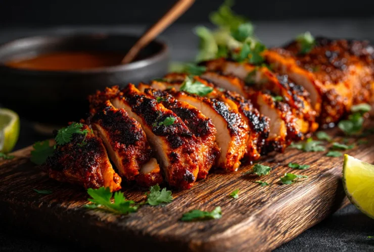 A rustic wooden board featuring freshly sliced, smoky grilled chicken garnished with cilantro and lime wedges, showcasing a vibrant Chipotle chicken recipe.