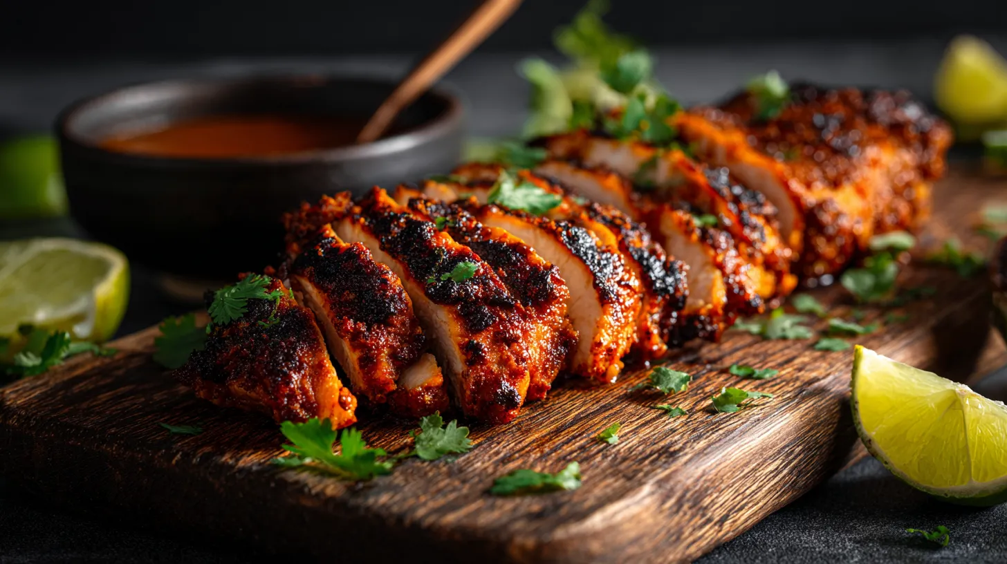 A rustic wooden board featuring freshly sliced, smoky grilled chicken garnished with cilantro and lime wedges, showcasing a vibrant Chipotle chicken recipe.