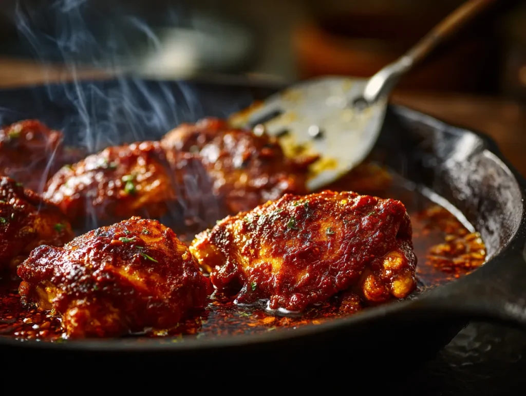 Marinated chicken sizzling in a hot cast-iron skillet, capturing the dynamic cooking process of an authentic Chipotle chicken recipe.
