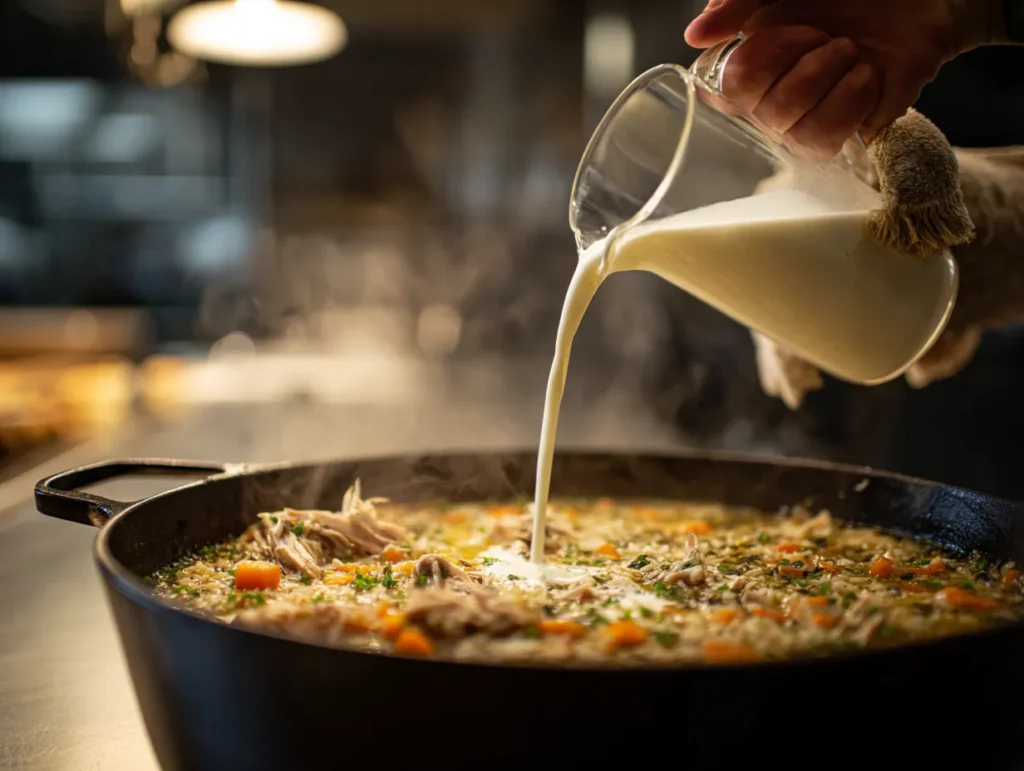 An overhead flat lay (mise en place) view of fresh, raw ingredients neatly arranged on a light gray marble countertop, including uncooked chicken breasts, wild and white rice blend, diced carrots, celery, fresh herbs, and cream, prepared for making Creamy Chicken and Rice Soup.
