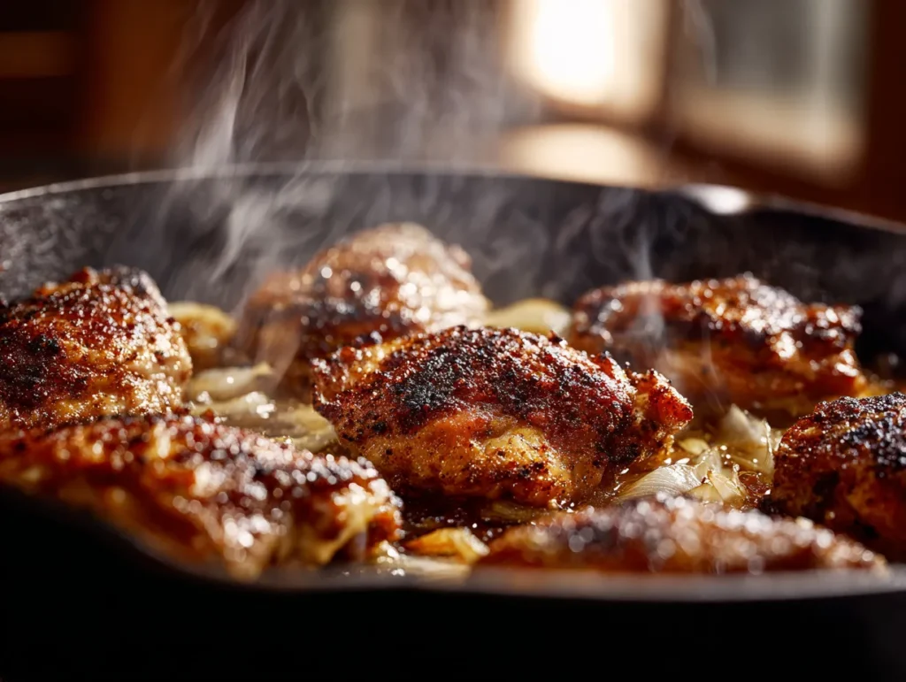A close-up action shot of golden-brown chicken pieces sizzling in a hot cast-iron skillet with aromatic onions and garlic, capturing the essential first step of a homemade chicken and gravy recipe.