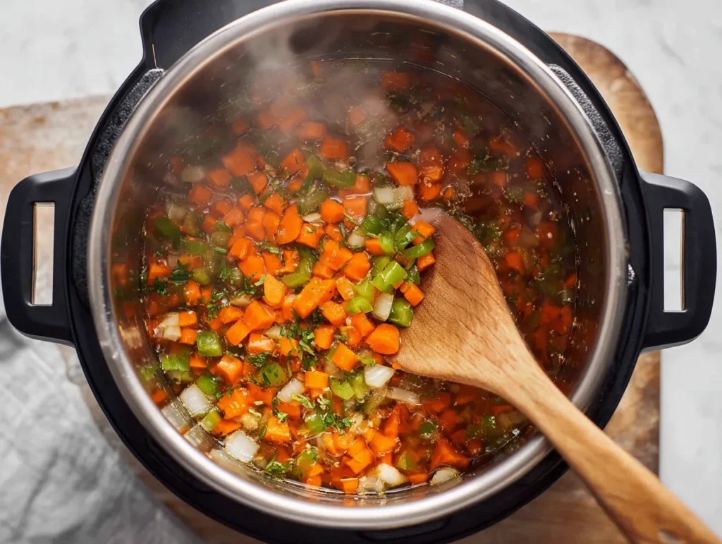 Sautéing diced carrots, celery, and onions inside the stainless steel inner pot of an Instant Pot to build flavor for a quick chicken noodle soup recipe.