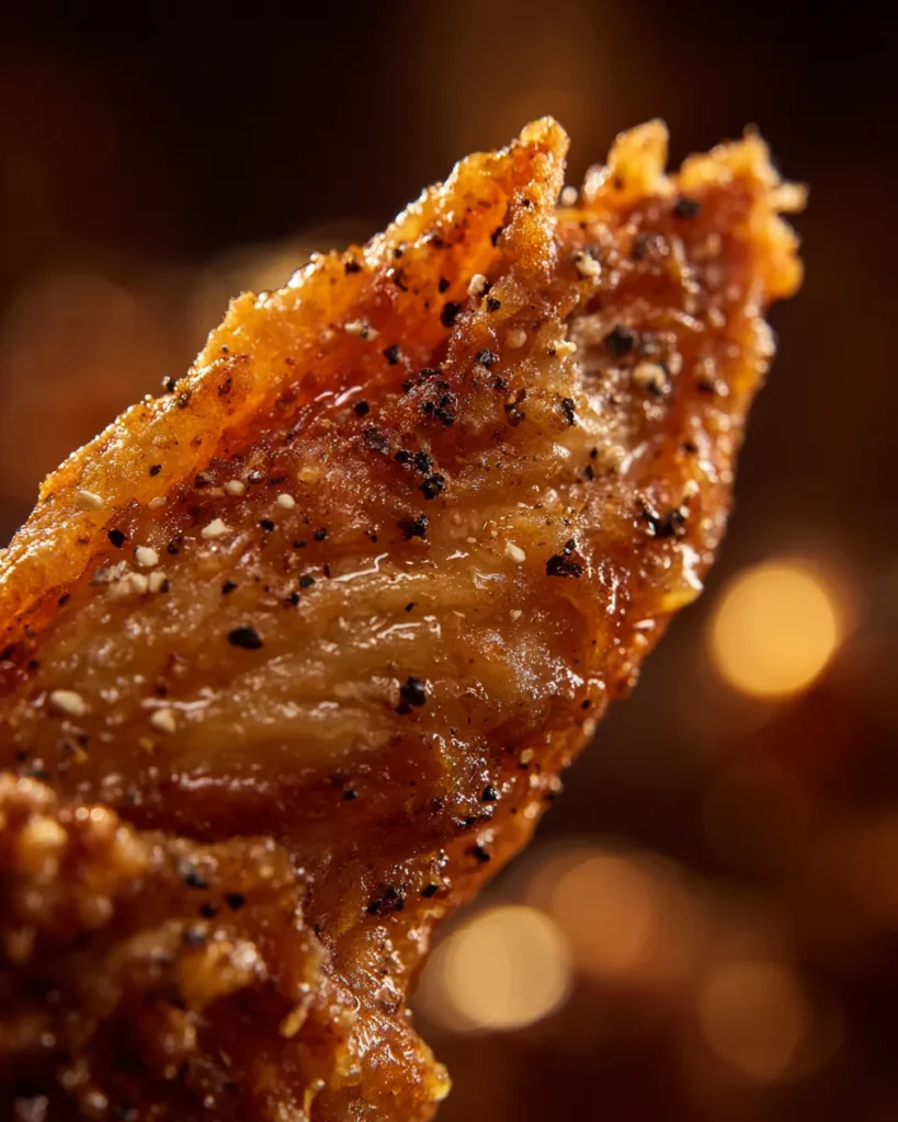 Extreme macro, vertical portrait orientation. Hyper-detailed close-up of the bumpy, irregular, golden-brown crust surface of a single deep-fried chicken wing flat.