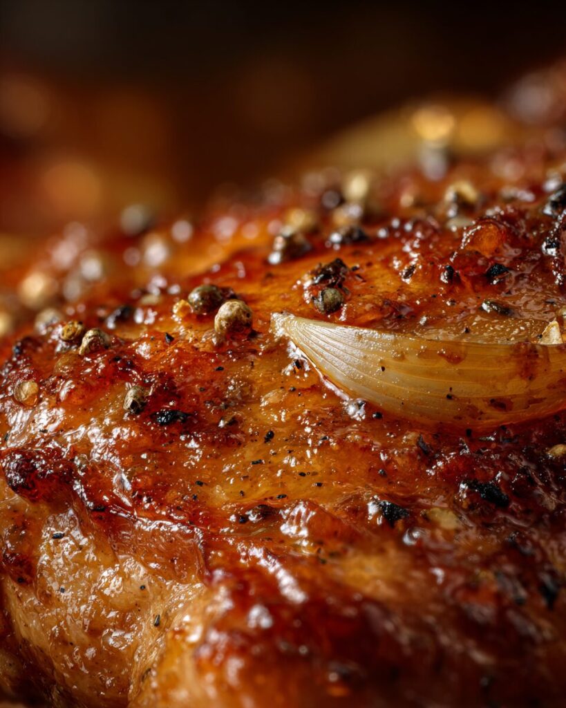 An extreme macro, vertical portrait view of a single seared chicken thigh coated in a rich, glistening brown onion gravy, focusing purely on the velvety texture with pepper and a cooked onion sliver.