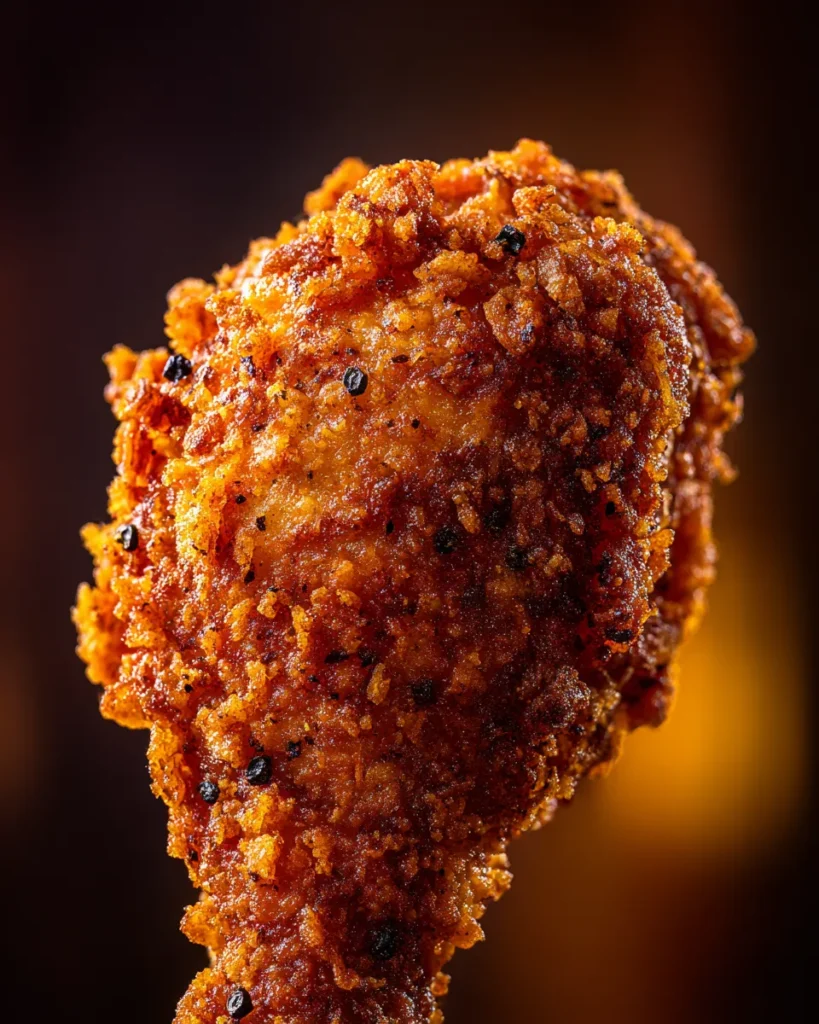 An extreme macro, vertical portrait view of a single Southern fried chicken drumstick, focusing purely on the hyper-detailed, golden-brown craggy texture of the crunchy skin with embedded black pepper.