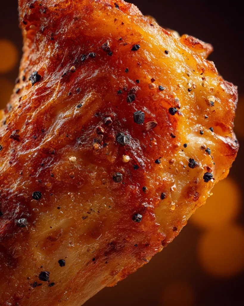 Extreme macro, vertical portrait orientation. Hyper-detailed close-up of the irregular, golden-brown crispy skin of a single baked chicken leg quarter with coarse pepper flakes.