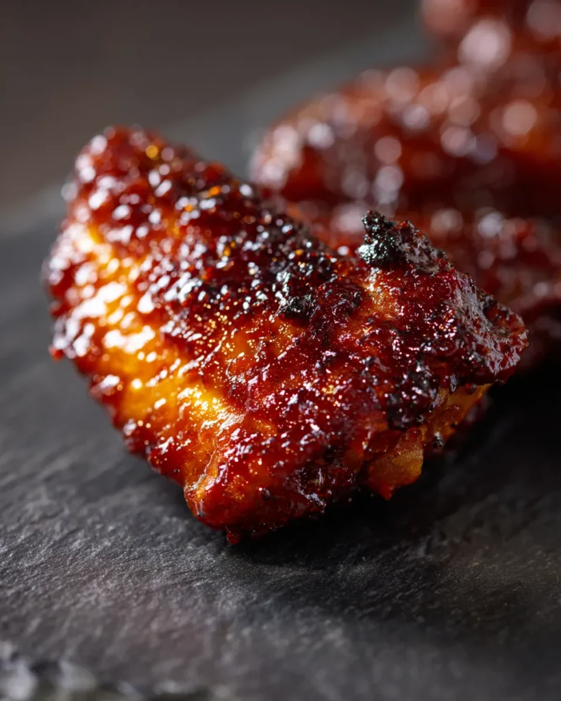 An extreme macro close-up of a single perfect, sticky, dark glossy BBQ National Chicken Wing, as seen within the variety platter in image_4.png. The texture emphasizes glistening moisture, deeply charred edges, and caramelized glaze beads on a dark slate surface.