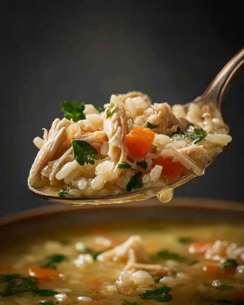 An extreme macro beauty shot capturing a single vintage silver spoon holding glistening, tender shredded chicken, distinct wild and white rice grains, and tiny vibrant orange carrot flecks, all coated in a rich, velvety golden-yellow creamy soup broth.
