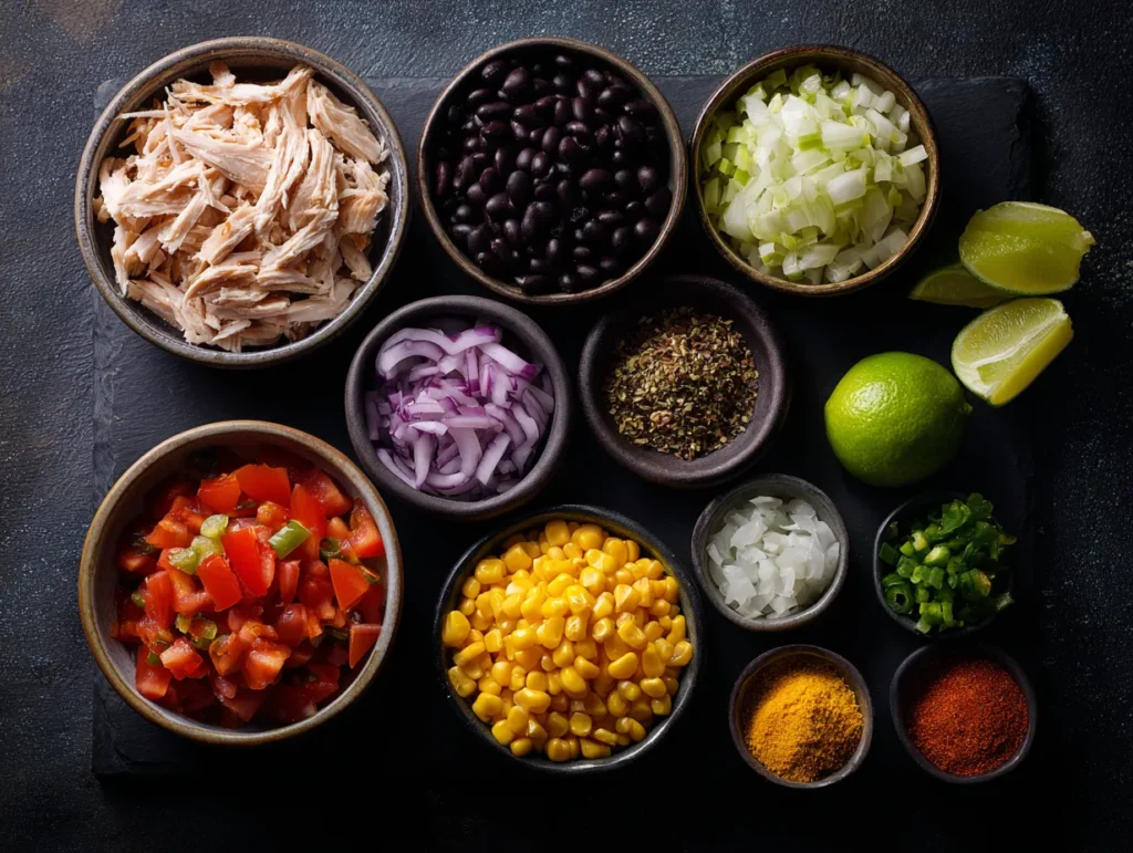 An overhead flat lay view of fresh ingredients on a dark slate cutting board, including bowls of shredded cooked chicken, black beans, yellow corn, diced tomatoes, spices, and lime wedges, prepared for a Chicken Taco Soup Recipe.
