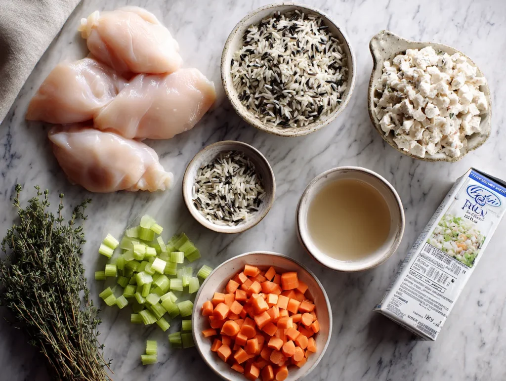 A pair of gloved hands carefully pours velvety white heavy cream from a glass pitcher into a simmering cast-iron Dutch oven filled with a bubbling mixture of chicken broth, shredded chicken, wild rice, and vegetables, capturing the essential creamy transition of the recipe.