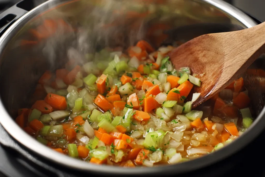A close-up photograph looking down into the stainless steel inner pot of an Instant Pot. Chopped carrots, celery, and onions are glistening as they sauté in olive oil, being stirred by a wooden spoon with steam rising.