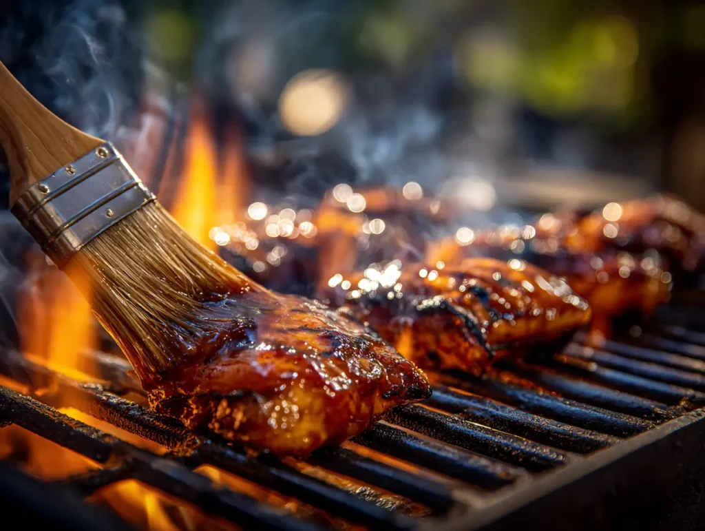 Brushing a sweet and savory amber glaze onto sizzling chicken on a hot outdoor charcoal grill while preparing a homemade Huli Huli chicken recipe.