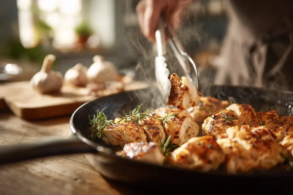 Close-up of golden pan-seared sliced chicken breast sizzling in a cast iron skillet, with gentle steam and a chef using tongs to flip a piece, under warm light.