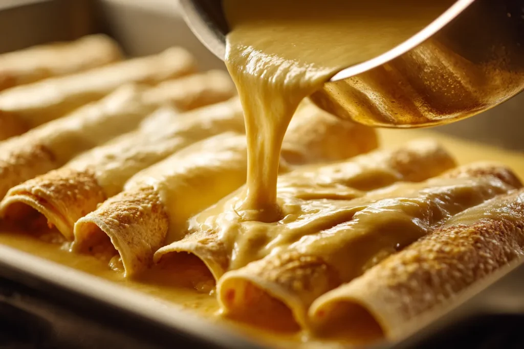 A close-up shot of creamy white enchilada sauce being poured from a saucepan over rolled flour tortillas arranged in a rectangular baking dish.