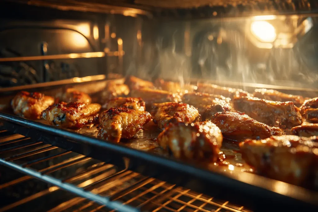 A view inside a hot oven showing a tray of chicken wings on a wire rack, glistening as they bake and turn golden brown under the internal oven light.