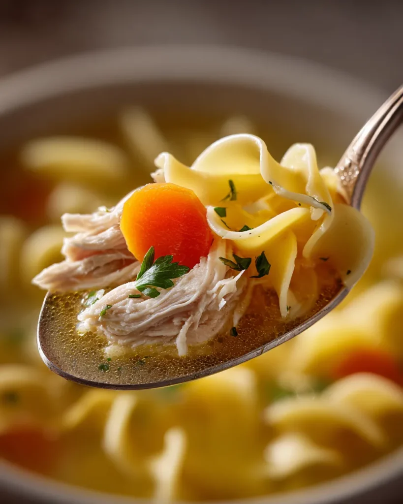 An extreme macro close-up of a spoonful of rich chicken noodle soup, highlighting the glistening golden broth, tender chicken, and a perfect egg noodle.