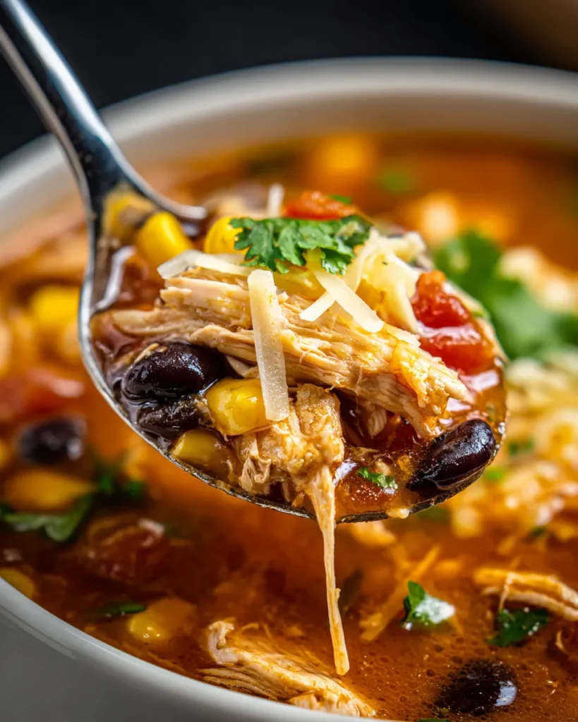 An extreme macro close-up of a perfect spoonful of Chicken Taco Soup, highlighting the glistening textures of shredded chicken, black beans, corn, cilantro, and melted cheese, emphasizing the savory flavor of the recipe.