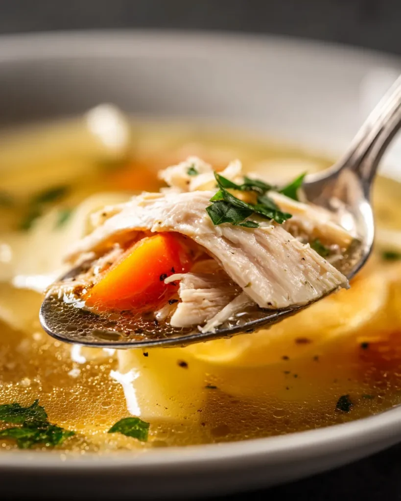 An extreme macro close-up of a perfect spoonful of soup, highlighting glistening shreds of rotisserie chicken, a wide noodle, a tender carrot slice, and fresh green parsley in rich broth.