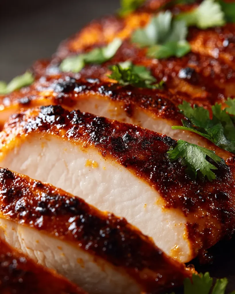 Extreme close-up of tender, juicy sliced chicken showing a flavorful smoky red crust from a mouth-watering Chipotle chicken recipe.