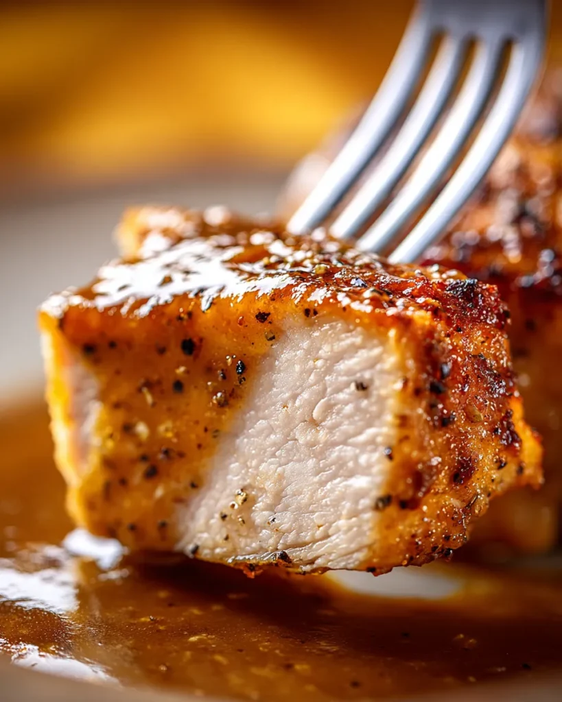 An extreme macro close-up of a juicy piece of roasted chicken drenched in rich gravy, emphasizing the glistening, caramelized skin and savory, smooth texture of the complete chicken and gravy recipe.