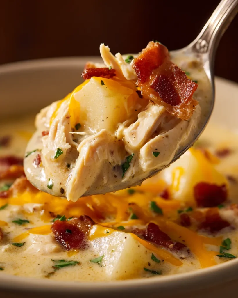 An extreme macro close-up of a spoonful of creamy chicken potato soup, highlighting the textures of tender chicken, soft potatoes, melted cheese, and crispy bacon garnishes from the recipe.
