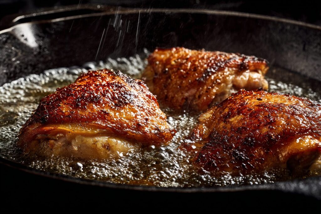 A close-up photograph looking down into a hot cast-iron skillet where pieces of seared chicken thighs are aggressively sizzling in oil, showing deep golden-brown skin, bubbles, and steam.