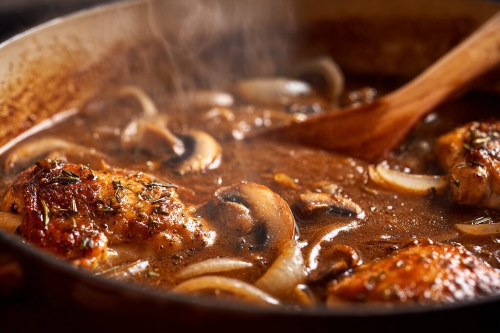 A close-up view looking down into a large pot where a thick, rich brown gravy is simmering and bubbling, covering tender chicken thighs and slices of sautéed onions and mushrooms.