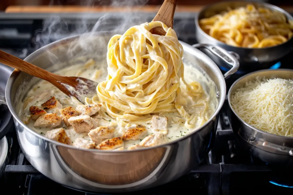 A large pot on a stovetop where creamy Alfredo sauce is being actively tossed with fettuccine pasta and chicken slices using a wooden spoon, creating a glossy coating with visible steam.