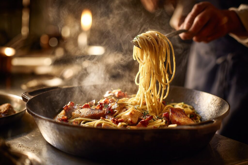 Spaghetti being tossed into a hot cast iron pan with sizzling chicken pieces and crispy pancetta.