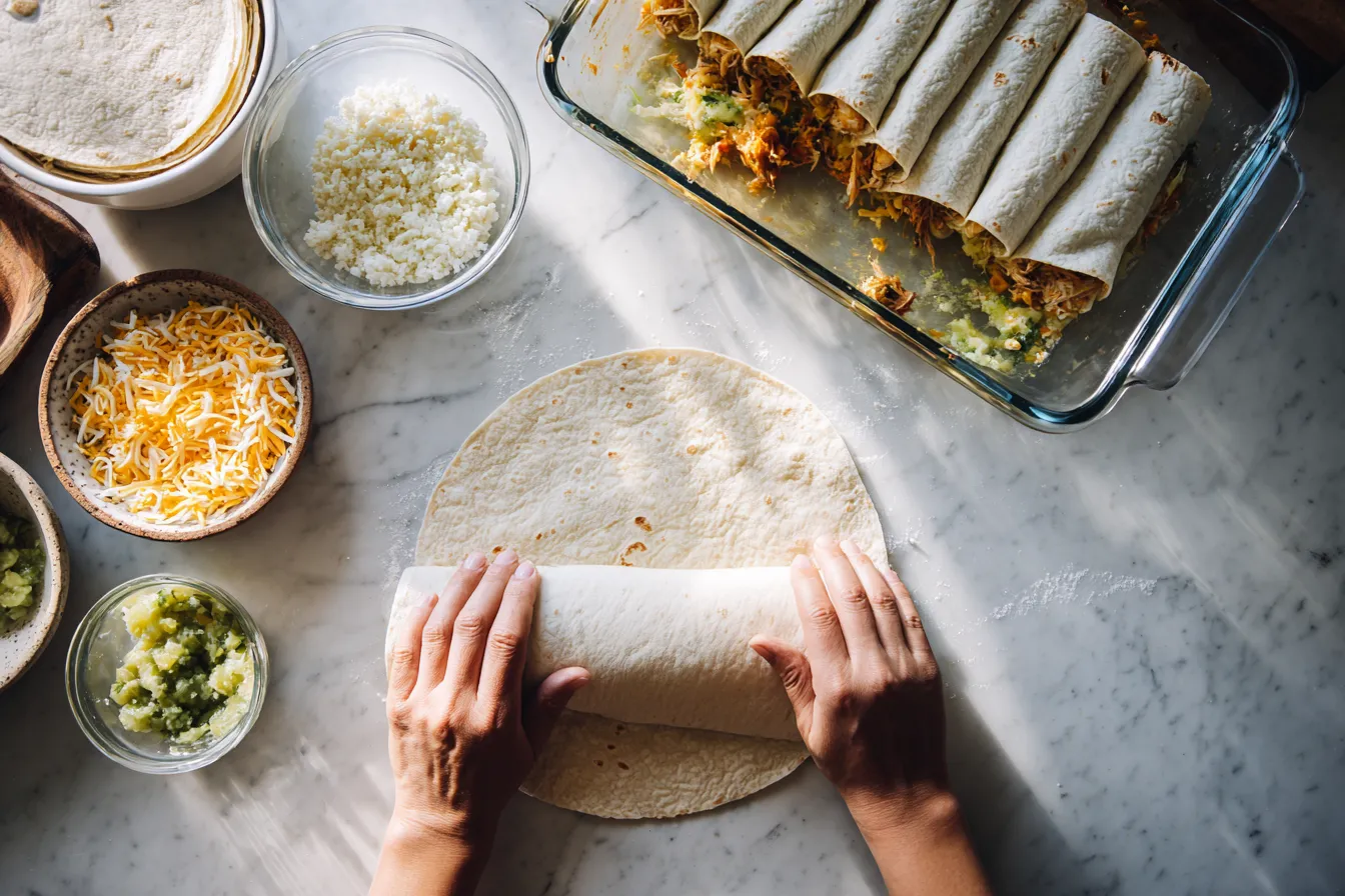 Top-down view of hands rolling a flour tortilla filled with shredded chicken and green chilies on a kitchen counter, with a partially filled baking dish nearby.