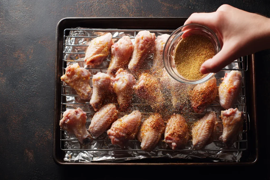 Top-down view of raw chicken wings arranged on a wire baking rack, with a hand sprinkling a spice rub and baking powder mixture over them.