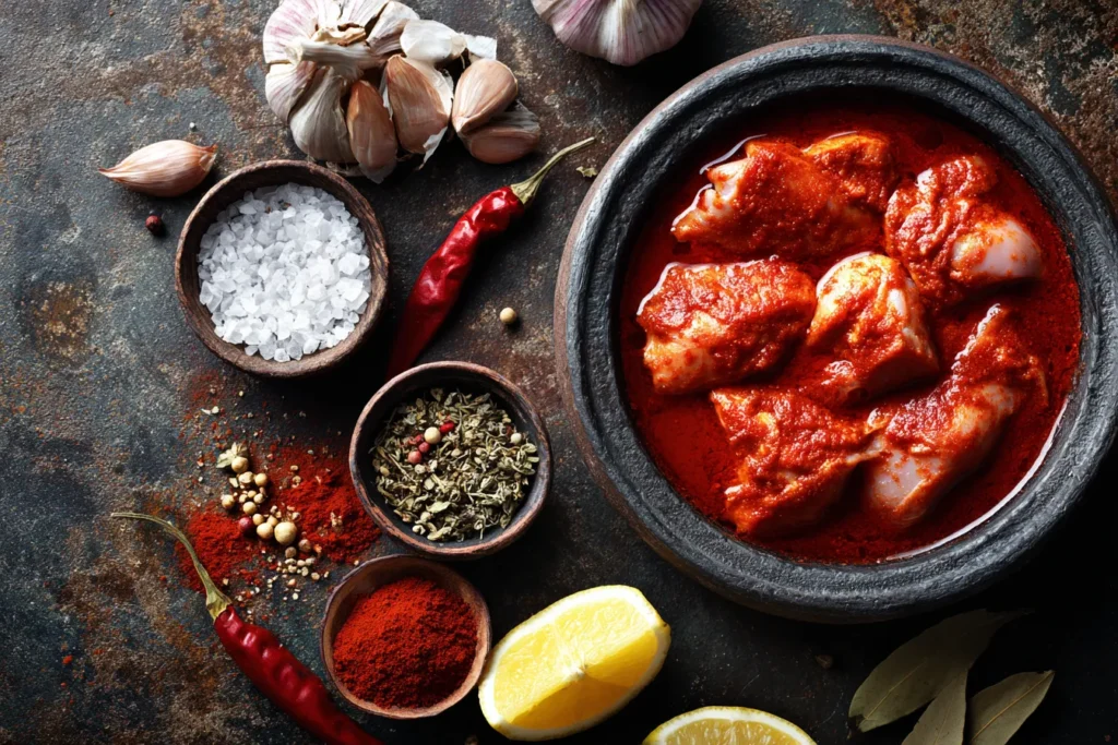 Top-down view of raw chicken pieces marinating in a thick red chili sauce in a ceramic bowl, surrounded by fresh chilies, garlic, and lemons on a textured counter.