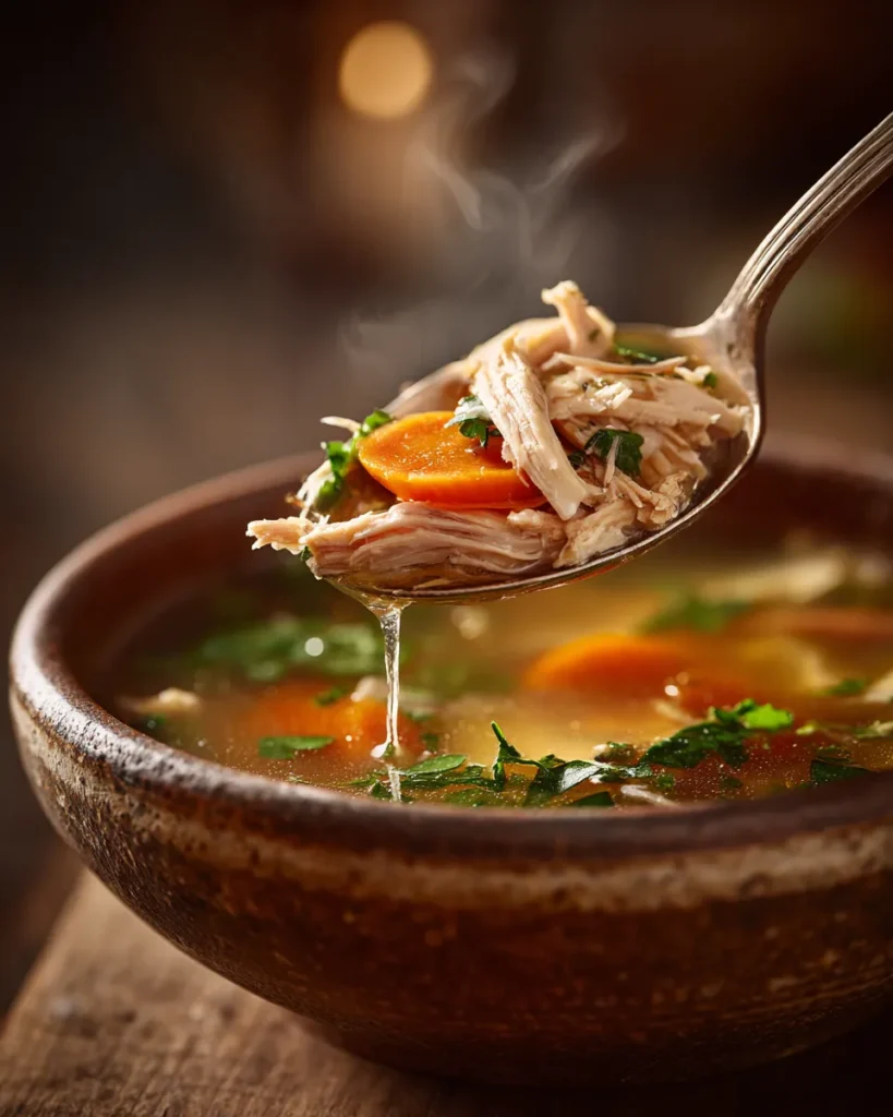 An extreme close-up photograph of a silver spoon lifting a perfect scoop of chicken soup. The spoon is filled with tender shredded chicken, a slice of cooked carrot, and fresh green herbs glistening in rich broth, with the rustic bowl and wooden table completely blurred into warm bokeh.