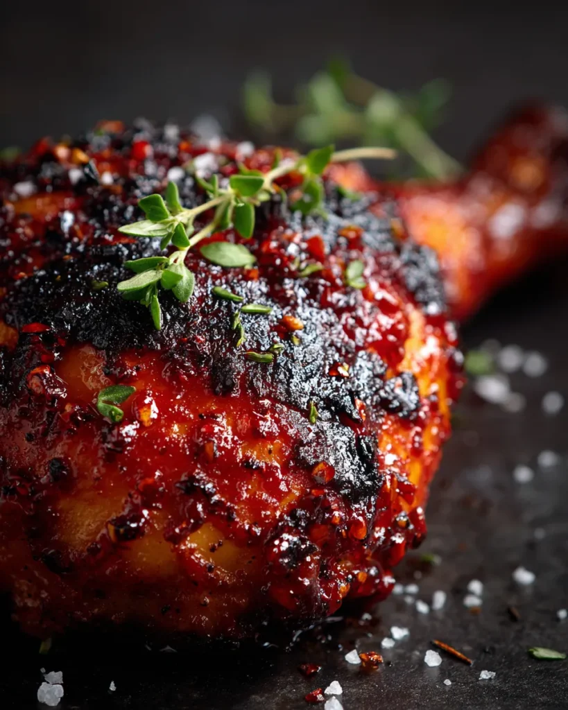 An extreme close-up view of a single grilled Peri Peri chicken leg, focusing on the crispy, charred skin glistening with red chili oil and spices.