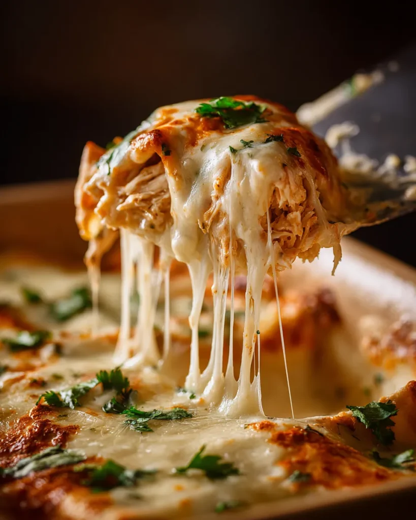 An extreme close-up view of a silver spatula lifting a single cheesy white chicken enchilada, showing a long cheese pull and the creamy texture of the sauce and filling.