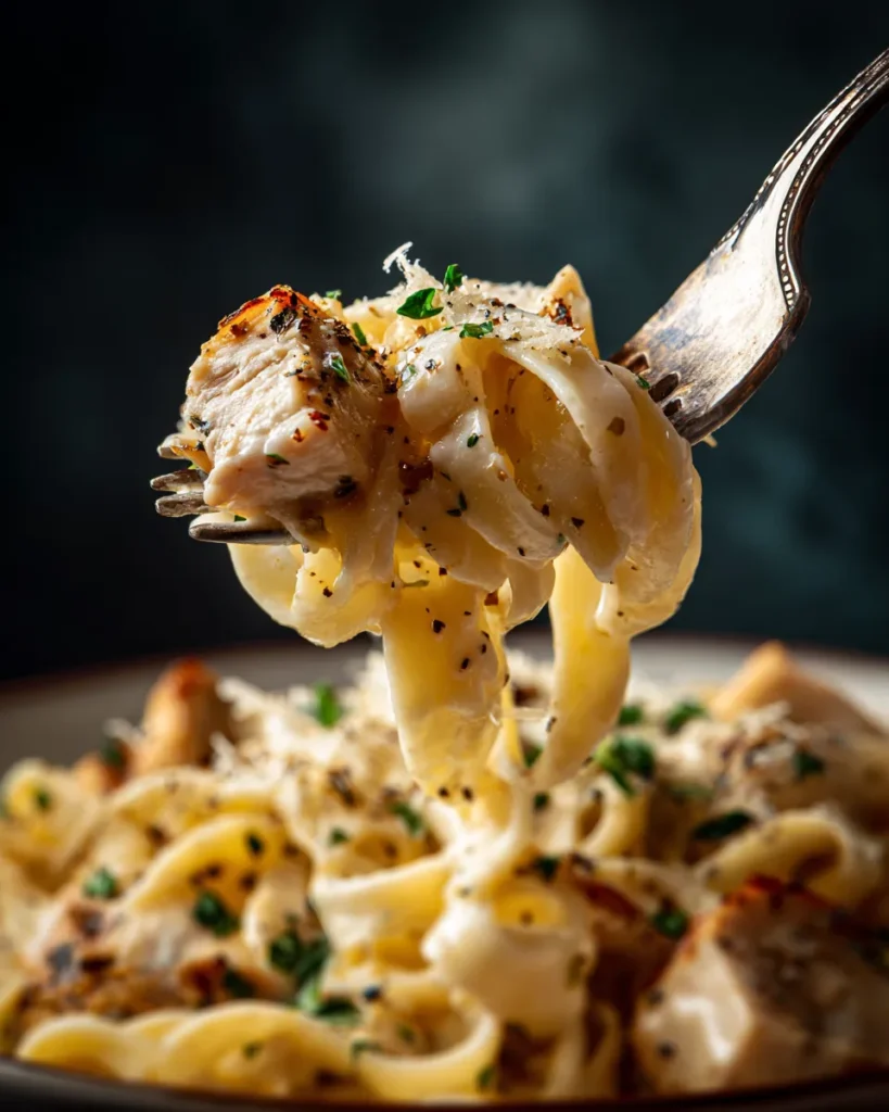 An extreme close-up view of a silver fork twirling a glistening bite of creamy chicken alfredo pasta with parmesan flakes and black pepper, emphasizing textures and detail.