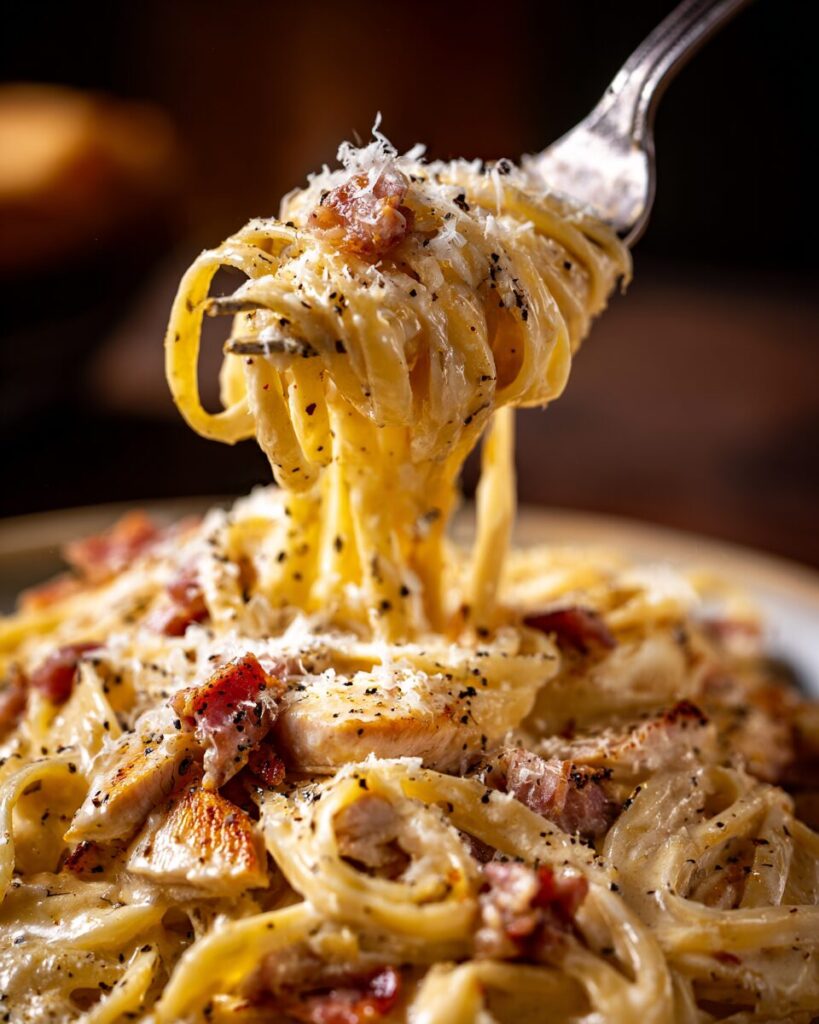 Extreme close up of a fork twirling creamy chicken carbonara pasta sprinkled with parmesan flakes and coarse black pepper.