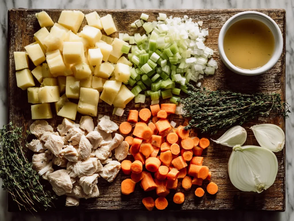 An overhead flat lay view of fresh ingredients on a wooden cutting board, including diced potatoes, raw chicken, chopped carrots, celery, and herbs, prepared for a chicken potato soup recipe.