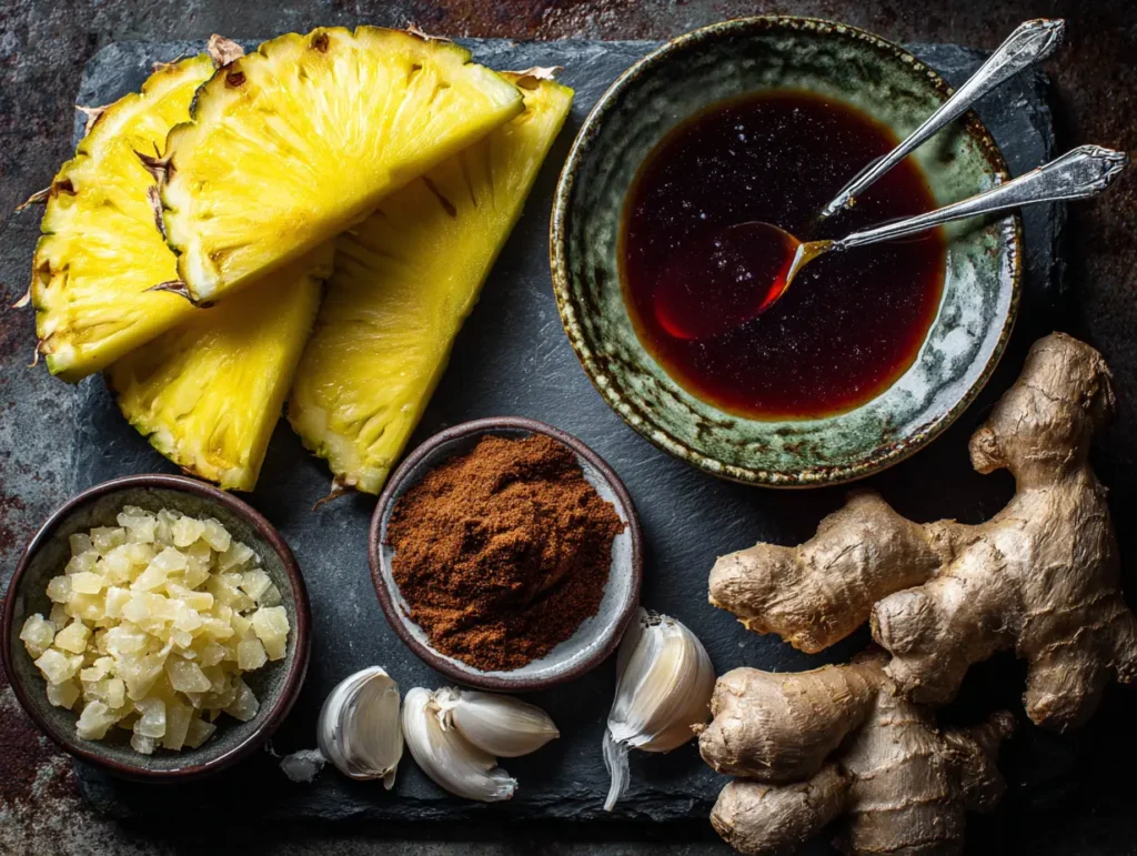 Overhead view of fresh ingredients including sliced pineapple, ginger, garlic, brown sugar, and soy sauce used to make the flavorful marinade for a Huli Huli chicken recipe.